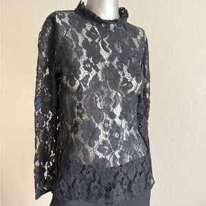 Notations Sheer Black Lace‎ Fairy Whimsigoth Long Sleeved Top w/ Ruffle Neck NWT